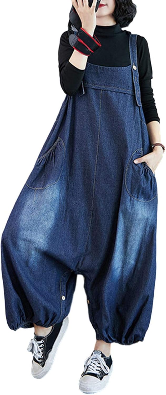 HALITOSS Women's Solid Jumpsuit Adjustable Belt Denim Bib Overall Casual Baggy Rompers Skirts