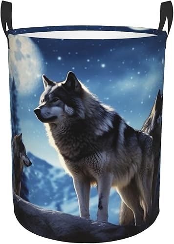 Cesta circular con estampado de lobos, impermeable, organizador de lavandería, con asas, para ropa, juguetes, tamaño mediano