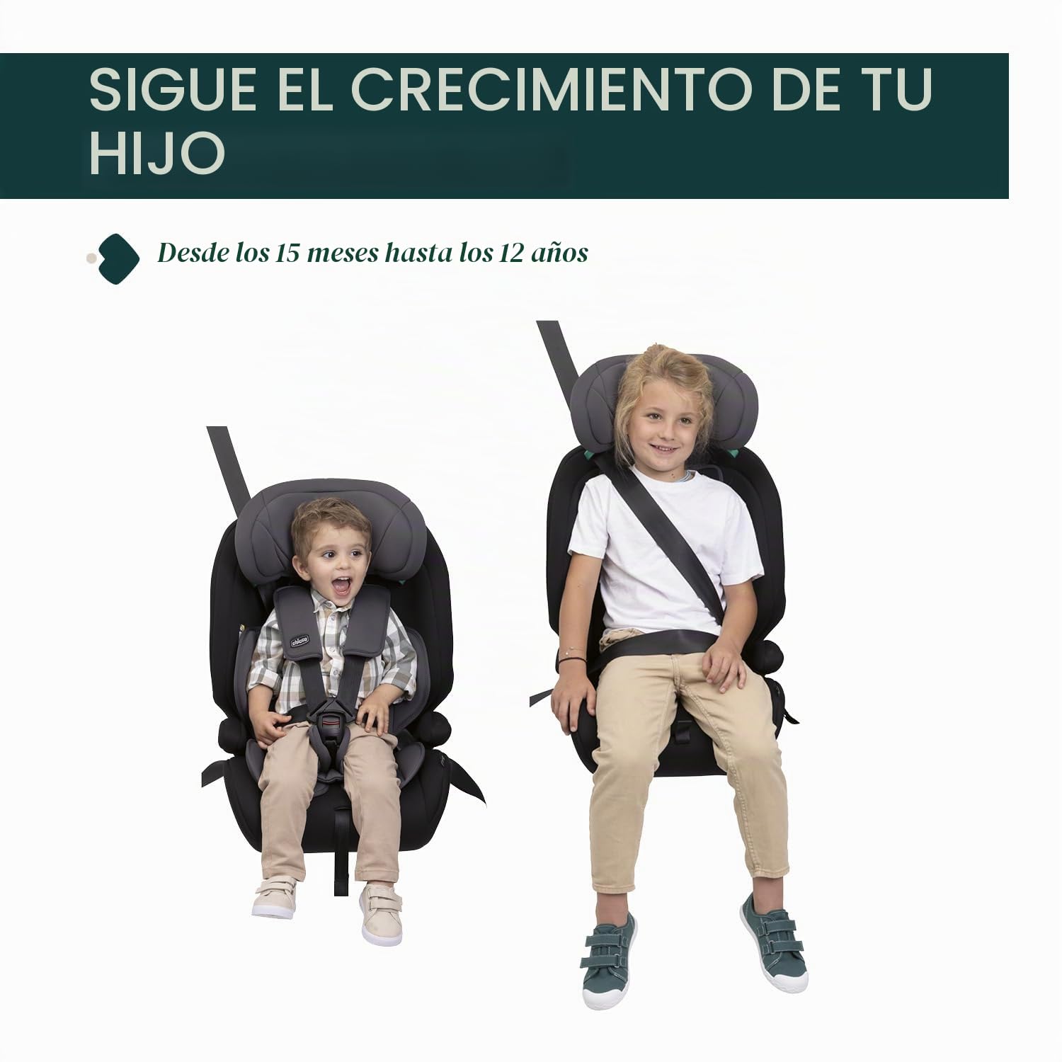 Chicco Gro Up i-Size, silla de coche para niños de 15 meses a 12 años (76-150 cm), ligera, pesa solo 5 kg, reposacabezas ajustable, con reductor, instalación con el cinturón de seguridad del coche.