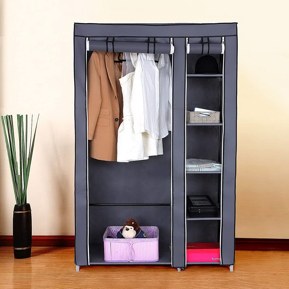 LEADZM Kleiderschrank, Stoffschrank, Garderobe Faltschrank mit Kleiderstange und Ablagen, Stabiler Schrank, für Schlafzimmer, Ankleidezimmer, 110 x 45 x 170 cm, 5 Schichten 6 Würfel (Grau)