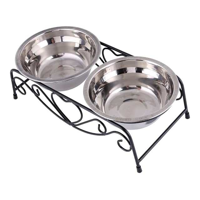 Foto 8 de 8 de Cuenco Doble con Soporte Retro - De Acero Inoxidable para Mascota, Gato, alimentación, con Tacos de Goma…