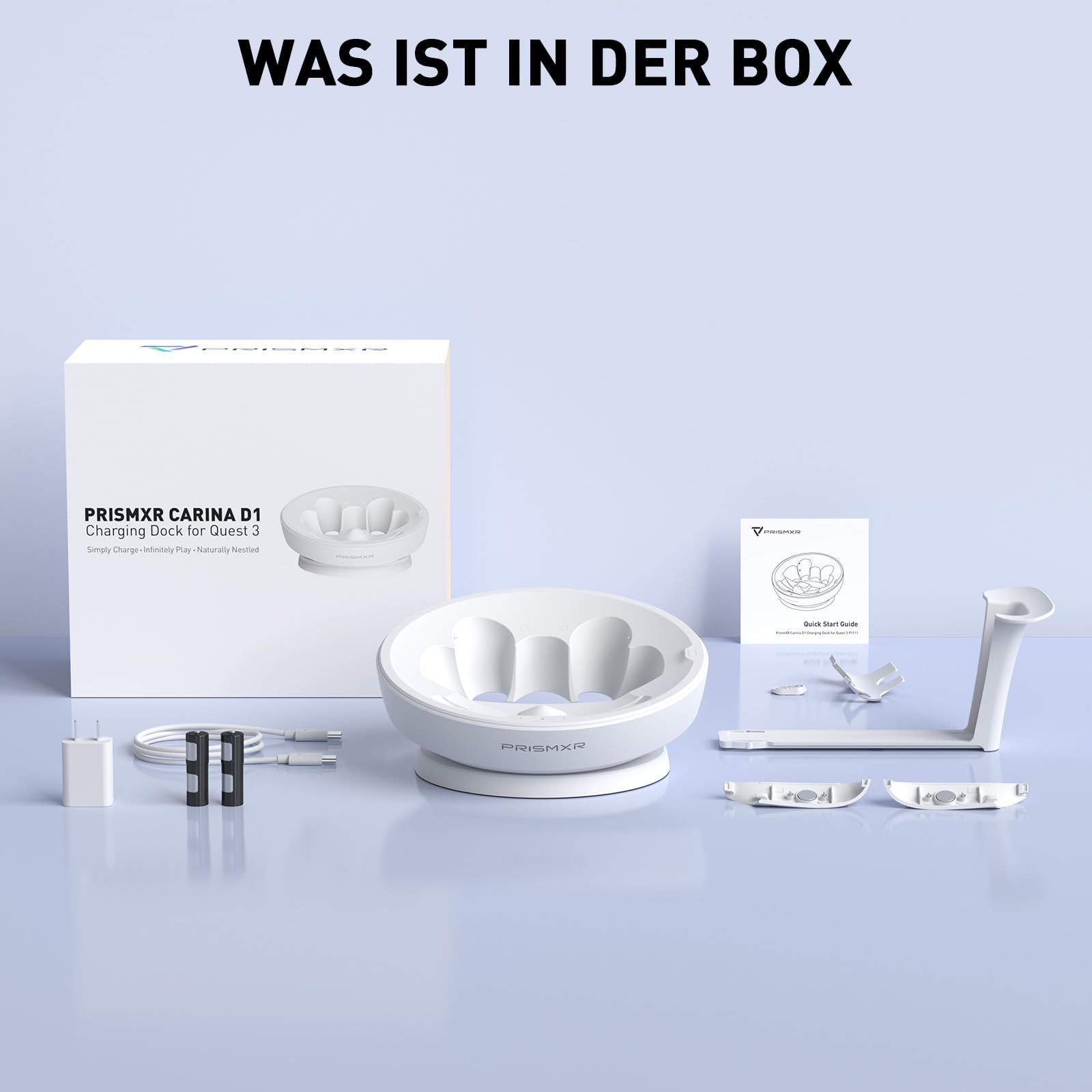 PRISMXR Magnetische Ladestation kompatibel mit Meta Quest 3 Zubehör, 27W Schnellladestation für Quest3 und Controller mit 2 Akkus – Carina D1