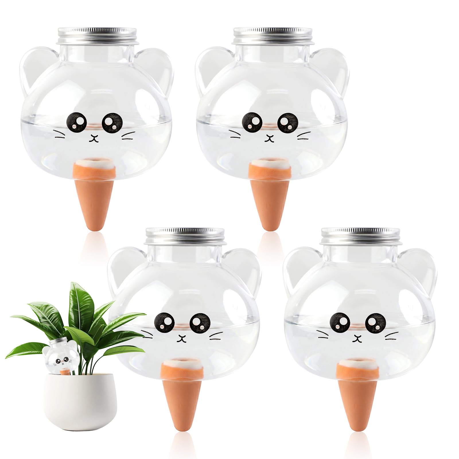 RoxNvm Plant Watering Devices, 4 Pack 500ML Transparent Plant Watering Globes, Cat shaped Self Watering Plant Spikes Terracotta, Slow Automatic Plant Feeders Drip Water, for Vacation Office Trips (C)