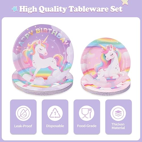 Miniatura 11 de Juego de 96 suministros de fiesta de unicornio arcoíris – Incluye platos de papel para cena y postre, servilletas, tenedores para fiestas