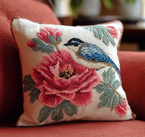 FanZheZhe 11CT Stamped Embroidery Pillowcases Flowers and Birds Cross Stitch Cushion Cover,Embroidery Kit,Needlepoint Kits for Adults Beginners,45x45cm