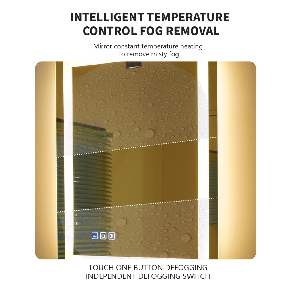 Specchio da bagno con illuminazione, rettangolare, 60 x 100 cm, specchio da parete a LED, 3 colori di luce, dimmerabile, con touch, anti-appannamento, CRI90+, vetro temperato