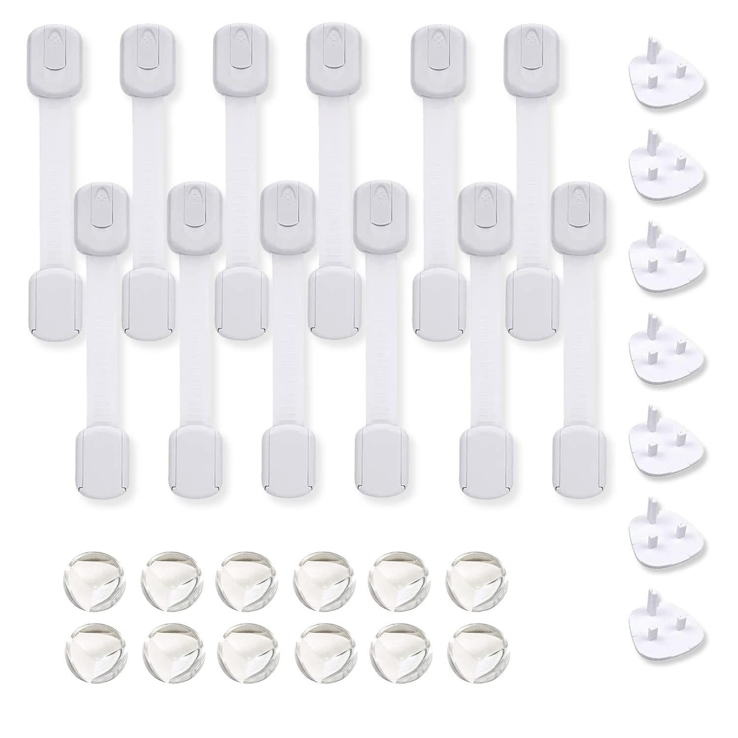 ECASA™ Child Safety Locks Set Of 6, Socket Covers Set Of 6, Table Corner Protectors Set Of 12, Safe and Easy Adhesive Cabinet Drawer Door Latches, Bumper Guard And Socket Covers Protectors For Kids