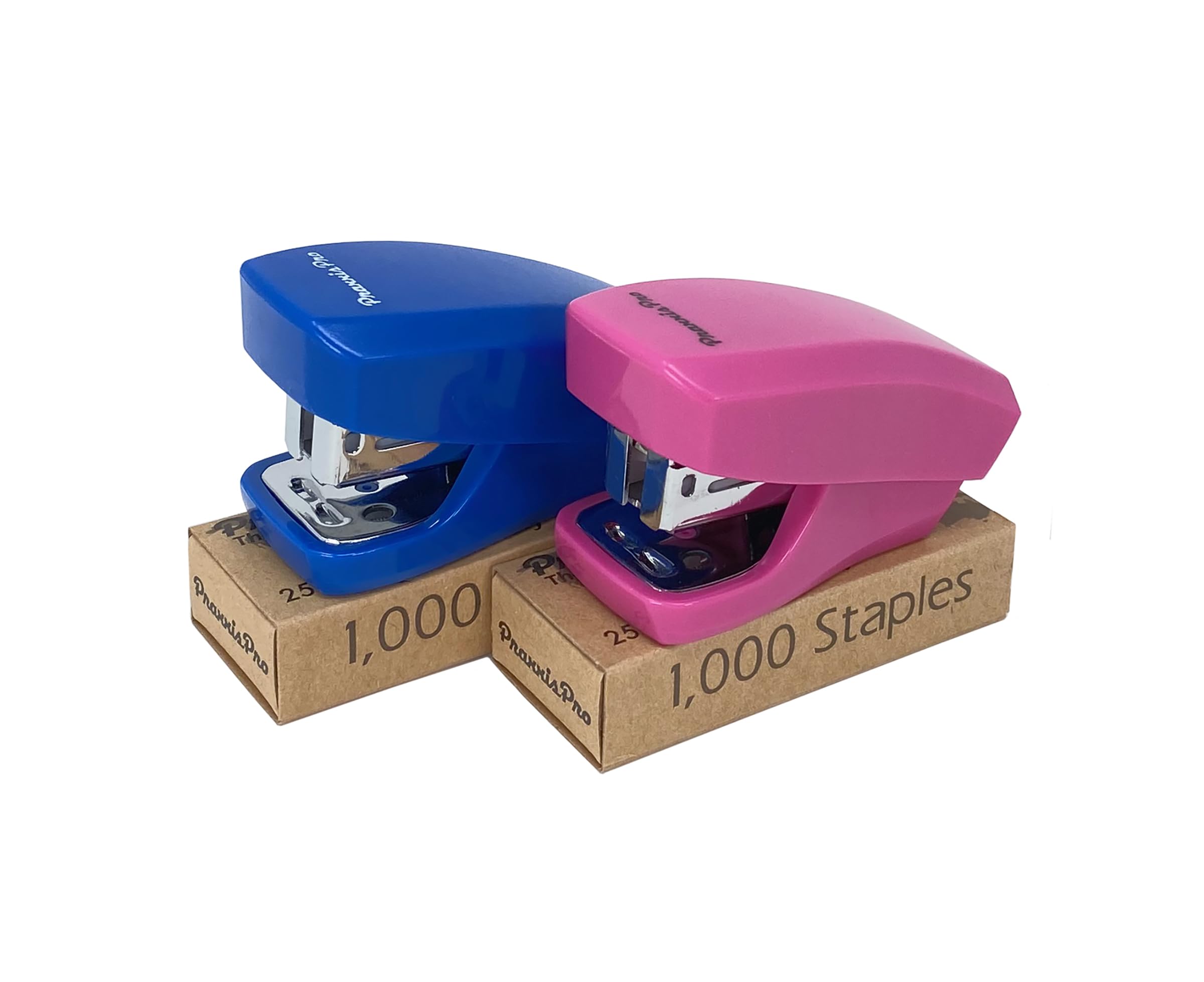 Aria Premium Mini Stapler Set by PraxxisPro - with Built-in Staple Removers, 2000 Standard Staples Included - for Office, School, and Travel, Set of 2, Blue & Pink