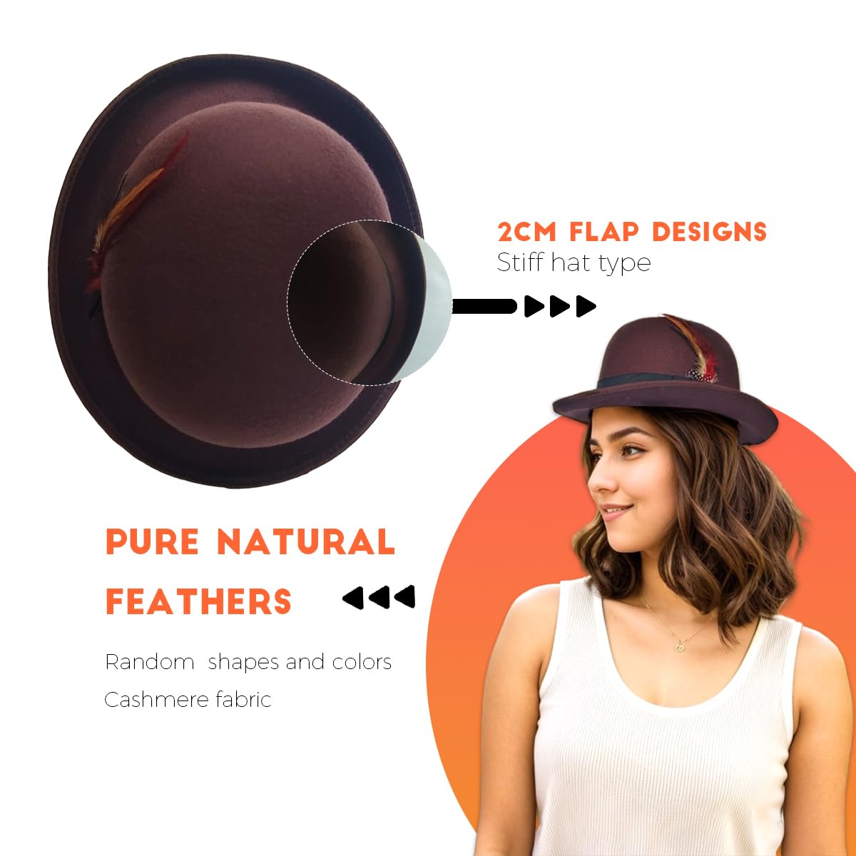 Panchitalk Classic Fedora Hat with Feather Bowler Dome Hard Faux Woolen Top Hat for Men Women (Coffee)