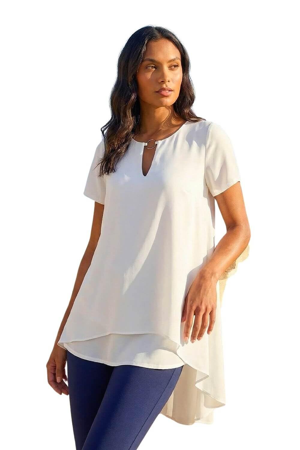 Roman Ring Front Chiffon Overlay Top - Ivory