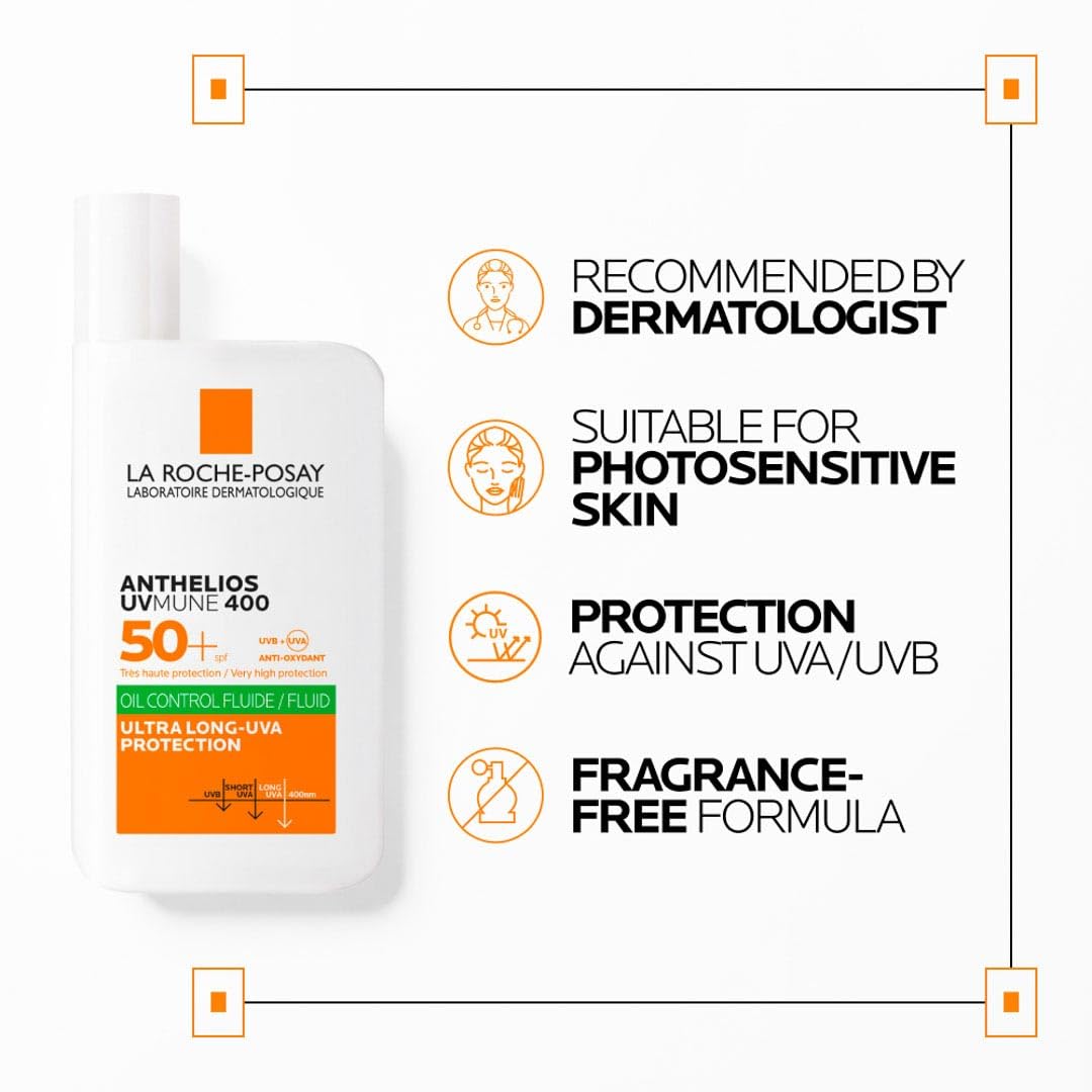 La Roche Posay Invisible Fluid z filtrem przeciwsłonecznym z SPF50+, efekt matujący, 24 godziny, wodoodporny, pot i piasek, formuła z Mexoryl 400, Anthelios UV-MUNE 400 Oil Control, 50 ml