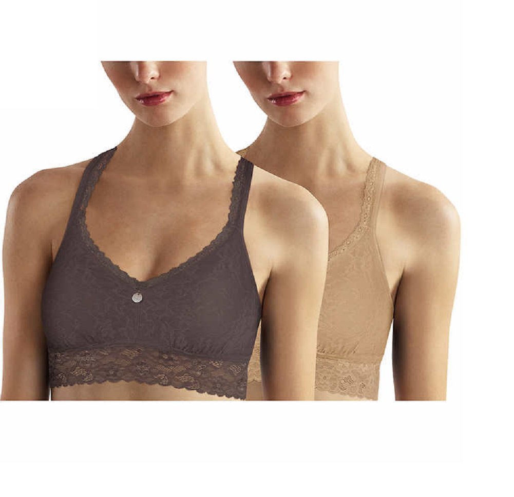 DKNYIntimates Women's Signature Lace Bralette, 2 Pack (Gray- Nude, Large)