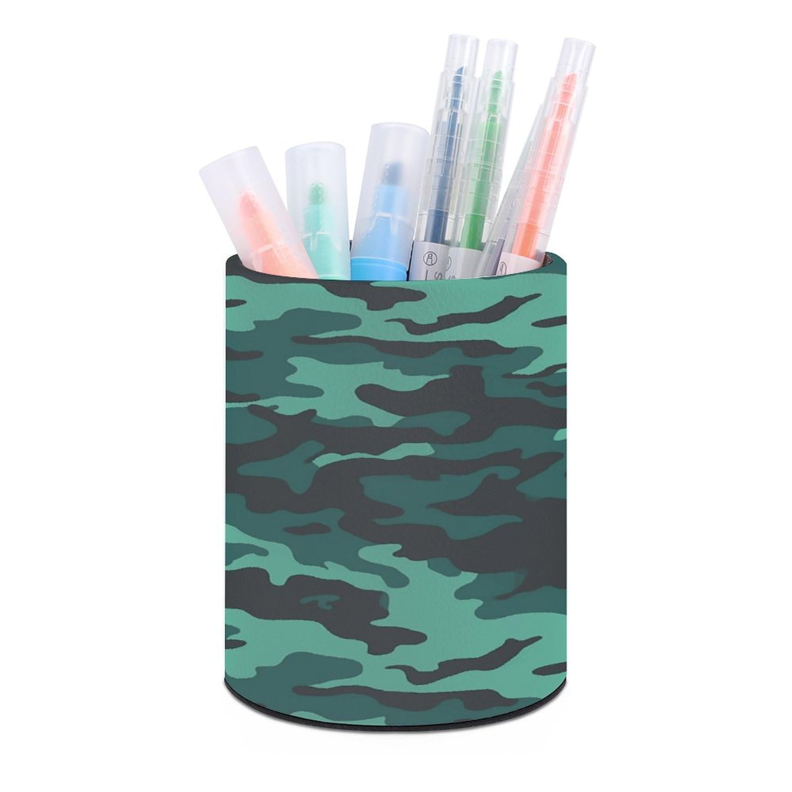 LDGSUPH Teal Camouflage Round Pen Holder Leather Pen Cup Pencil Cup Pen Organizer Pencil Holder for Desk Organizer Pencil Organizers Makeup Brush Holders for Home Office Gift