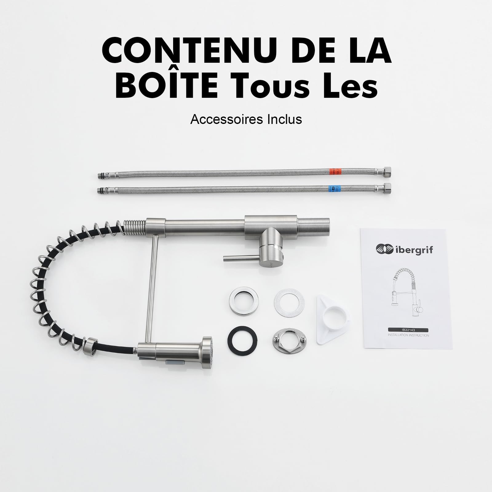 Ibergrif Robinet Cuisine, Mitigeur Cuisine Avec Douchette Extractible, Robinet D'Évier À Arc Élevé Rotatif À 360°, Avec Deux Fonctions De Pulvérisation, Acier Inoxydable, M22143A