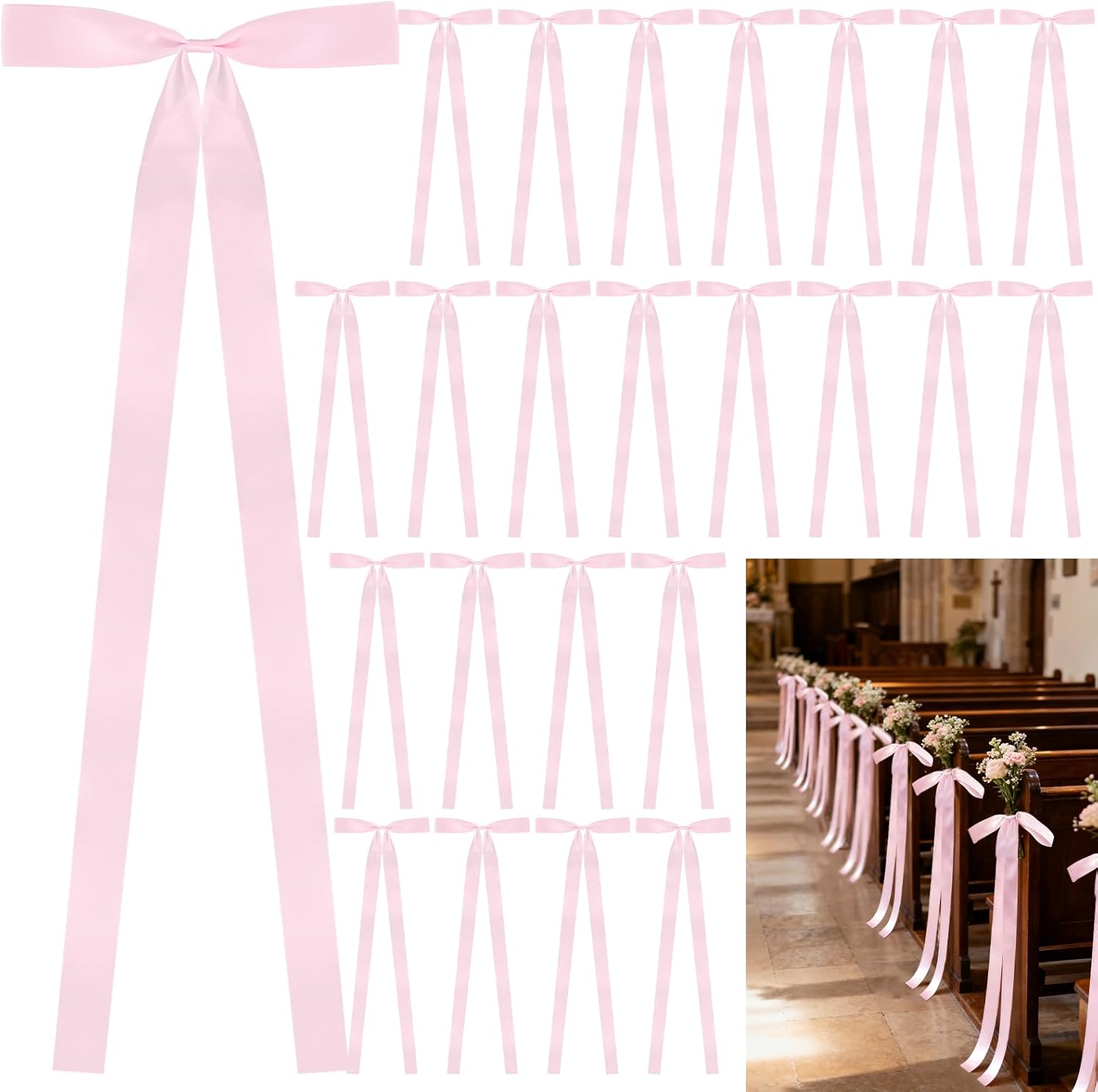 24 Pcs Large Wedding Aisle Ribbon Bows with Long Tails -10 x 35.8 Inch Ceremony Pew Ribbon Bows Decorations for Wedding Bridal Shower Reception Church Bench, Pink
