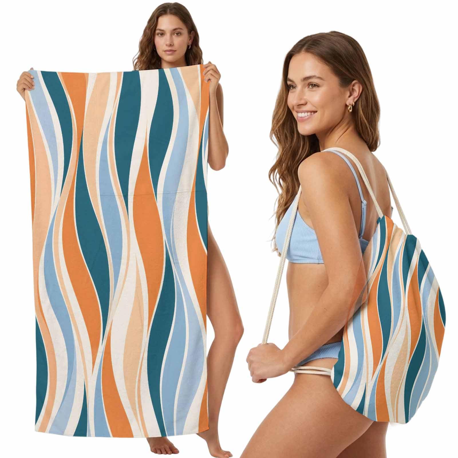 Beach Towel Bag 2 in 1 Teal Orange Waves Stripes Bath Pool Towels Backpack Modern S-Curves Striped Absorbent Beach Towel Soft Quick Dry Lightweight Packable Towels Drawstring Bag for Travel Sports