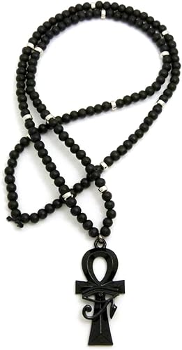 Miniatura 5 de Collar de cadena de cuentas de madera con dije de ojo egipcio de Heru en Ankh de 0.236in y 30 pulgadas en tono negro azabache, Metal, N A