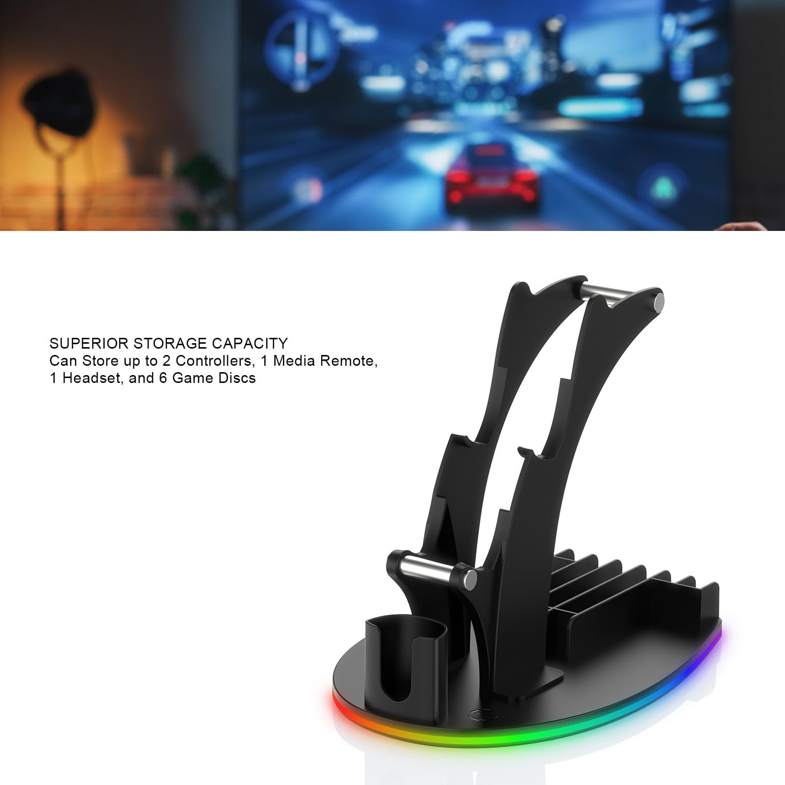 XUMIUZIY Supporto per Controller da Tavolo 4 in 1, Support per Controller & Cuffie con Luci RGB, Supporto per Cuffie/Gamepad/Telecomando/Disco da Tavolo per PS 5/PS 4/X Box X|S (Black)