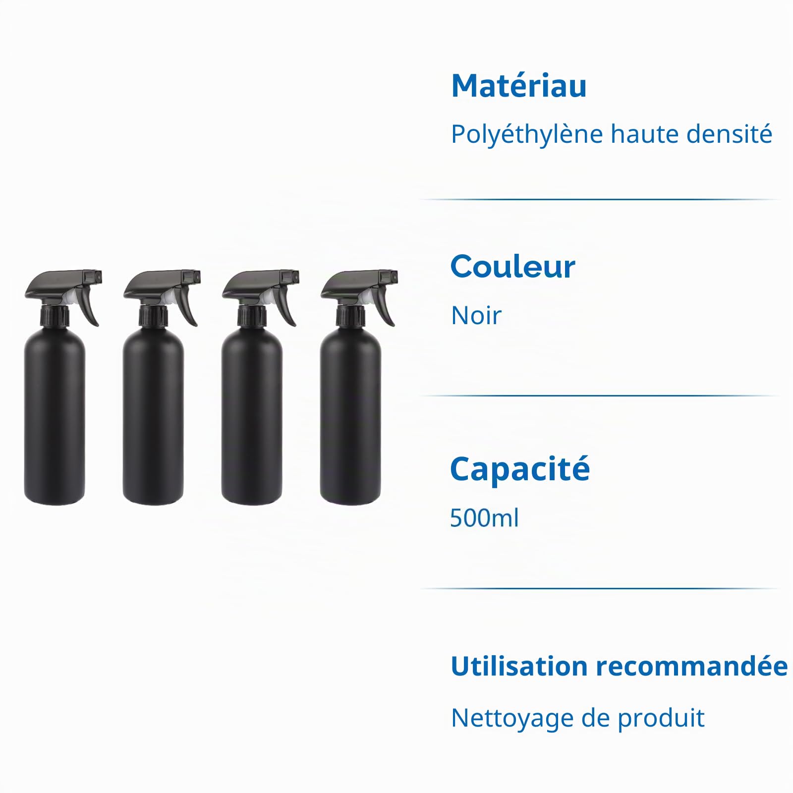 10 x Flacon Spray Vide 500ml, Pulvérisateur à Main Noir, Bouteille Vide Spray Réutilisable pour Jardinage, Ménage, Plantes et Cheveux, Conception Ergonomique