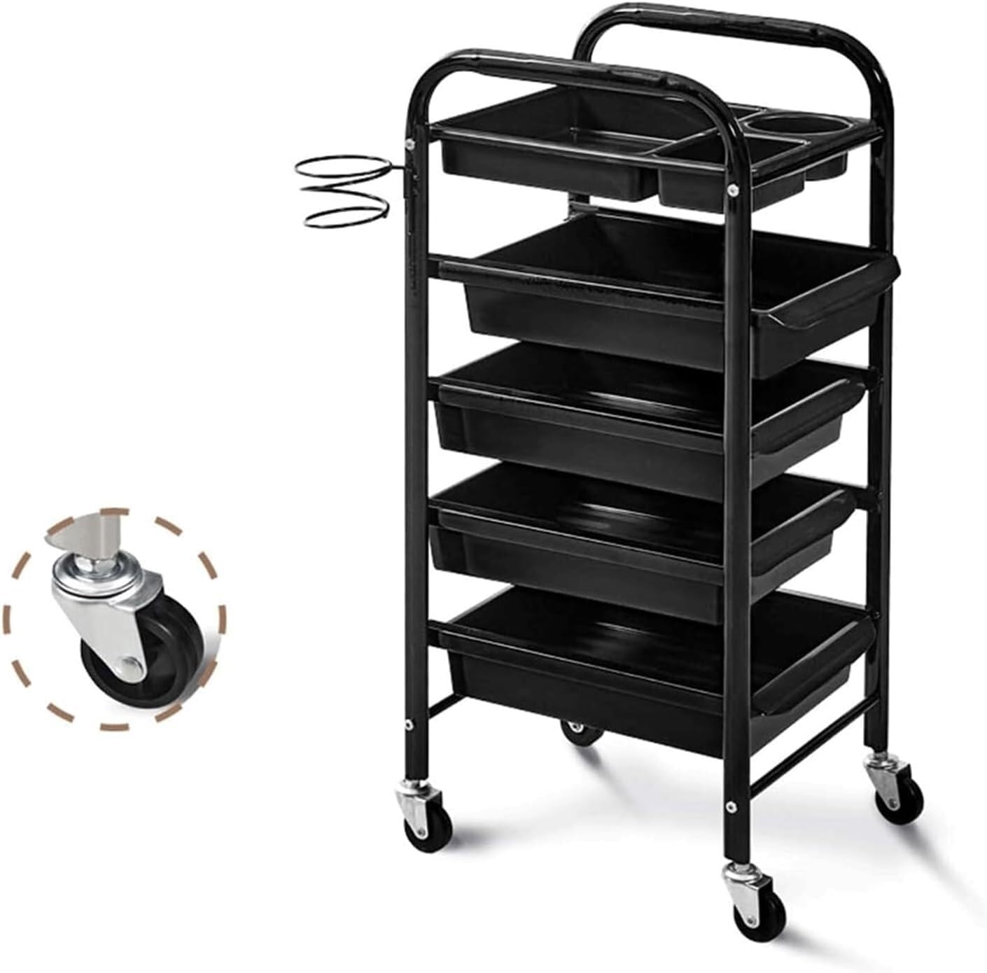 Chariot roulant de salon avec support sèche-cheveux et 5 plateaux