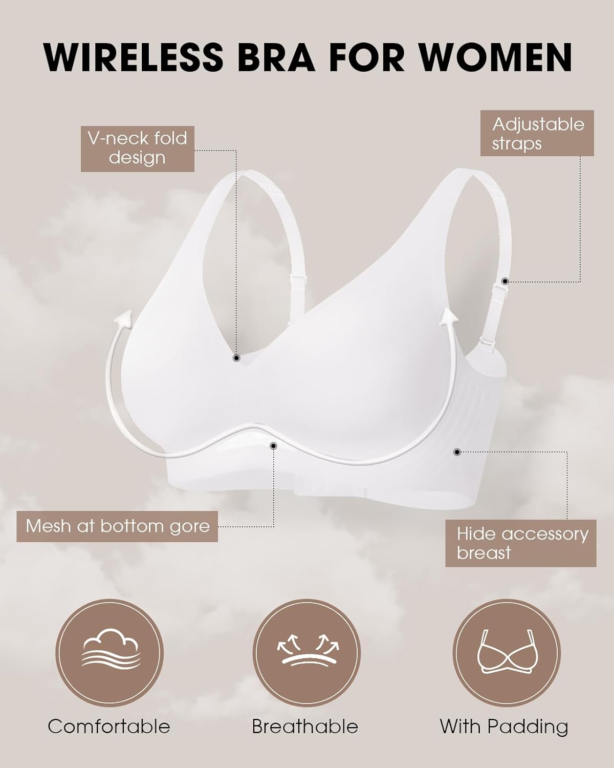 Push Up Bra for Women Seamless Wireless Comfort Support, Full Coverage Everyday T-Shirt Bra Plus Size Minimizer - Image 3
