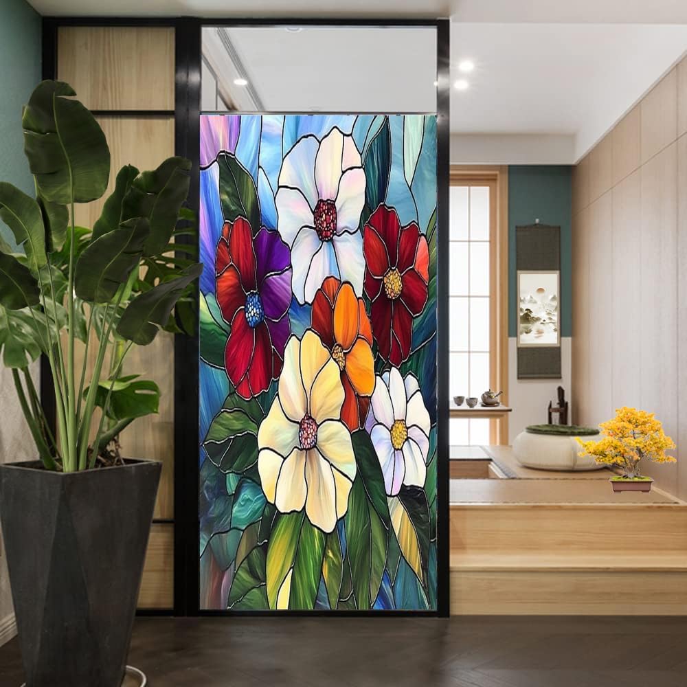 Watercolor Flowers Window Privacy Film Modern Natural Plant Texture Painting Stained Glass Window Film Decorative Window Sticker for Home Window&Glass Door, Sun Blocking 23.6Wx35.4L inch
