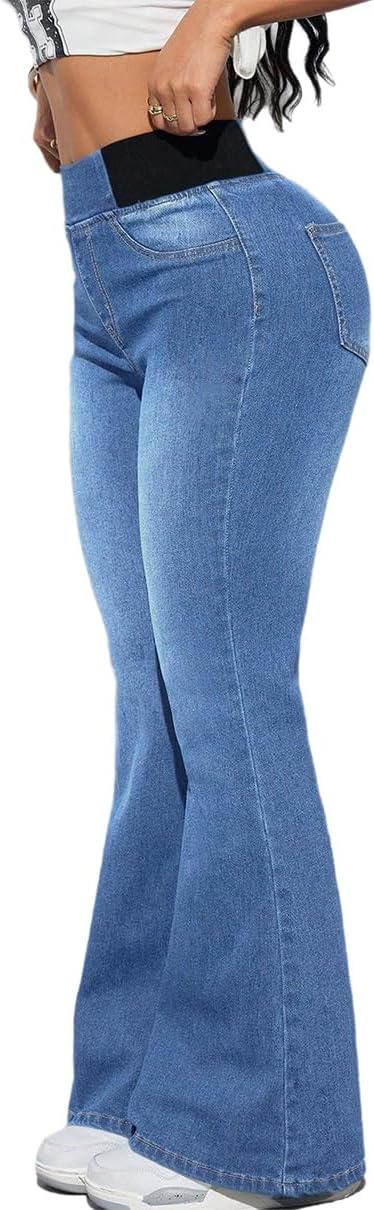 Women's Flared Jeans High Waisted Stretchy Skinny Wide Leg Denim Pants Trendy Colorblock Pull on Sweatpants Jeans