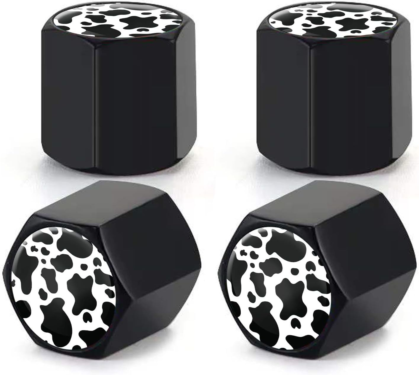 Txocouk4 Pack Tire Valve Stem Caps Cover Car Accessories,Cute Airtight Dust Proof Covers for Cars, Trucks, SUVs,Bikes, Motorcycles, Bicycles(Black White Cow Skin)