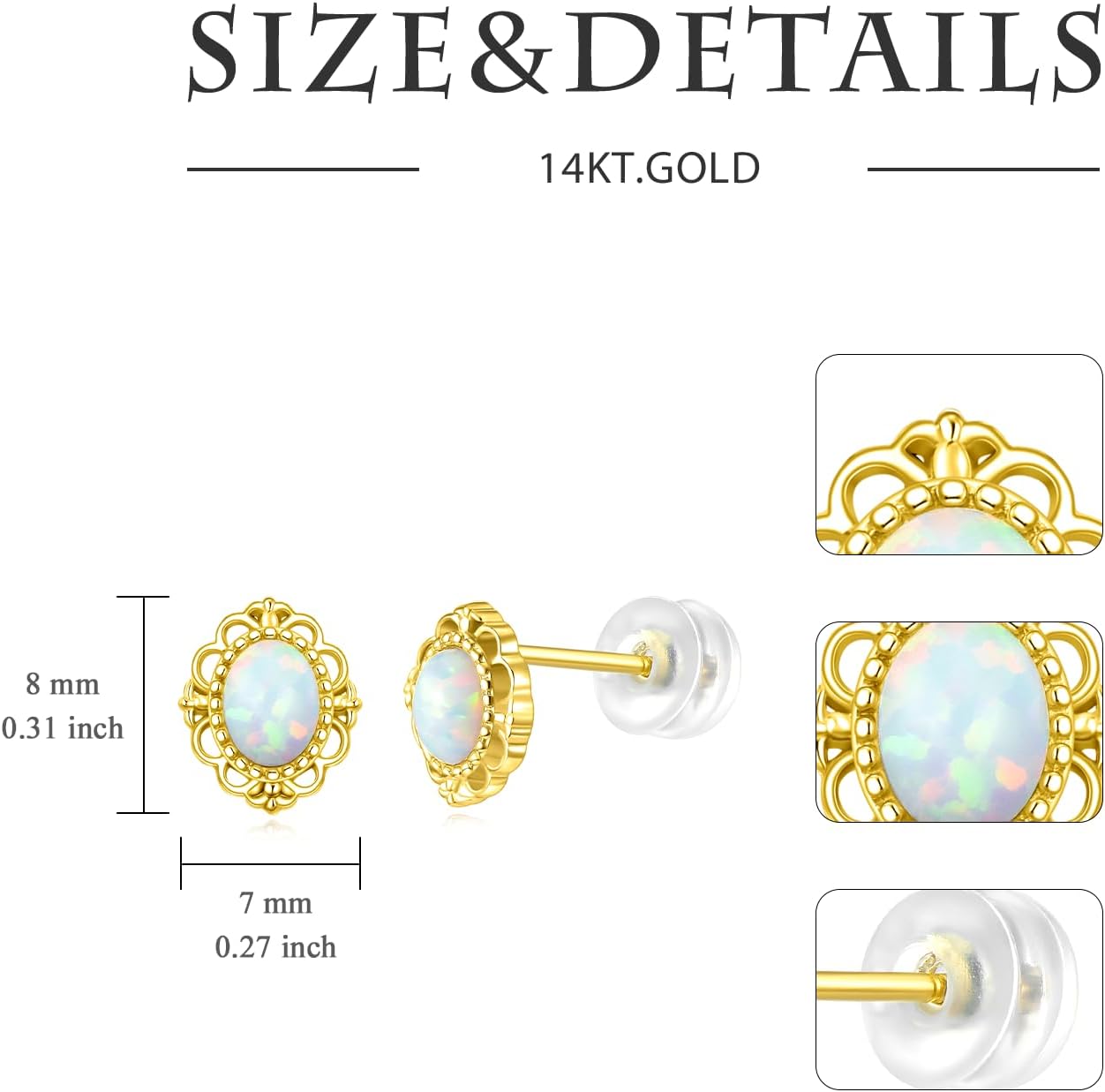 14k Solid Gold White/Blue Opal Stud Earrings for Women Yellow Gold Oval Opal Vintage Stud Earrings Fine Jewelry for Her Wife Mom Gifts for Valentine's Day Birthday Anniversary