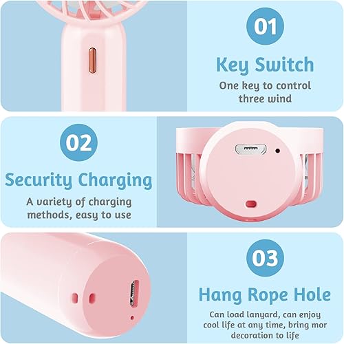 Miniatura 3 de Ventilador de mano, ventilador portátil personal recargable por USB con 3 velocidades, tamaño súper mini (2.4 x 1.2 x 0.5 in) para niños, al aire