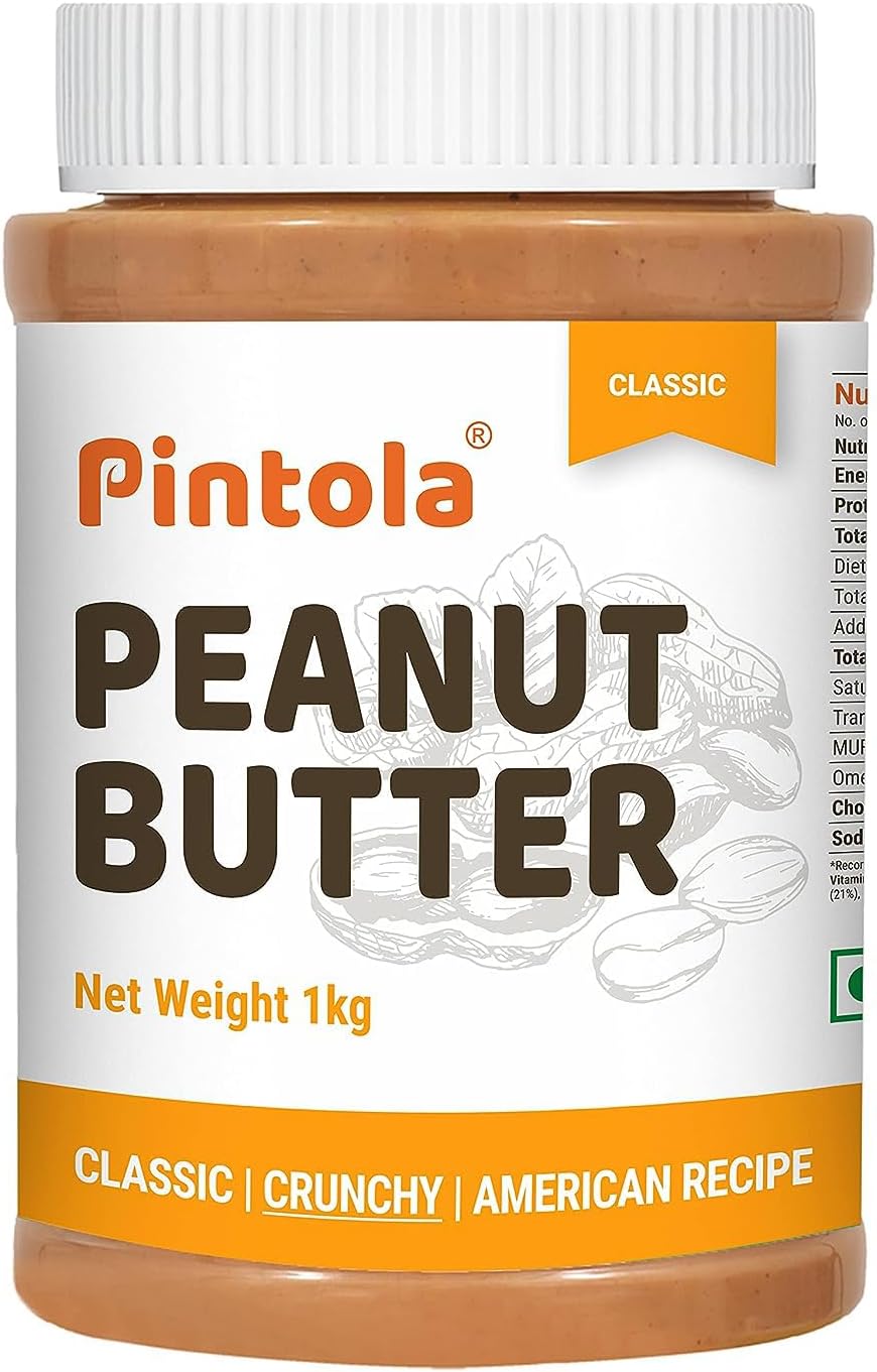 Pintola Classic Peanut Butter Crunchy 1kg - Original American Recipe with High Protein 26g & 7.2g Fiber, Premium Roasted Nuts, Gluten Free, Zero Trans Fat, with MUFA Good Fats, Vit E & B3, Dairy Free