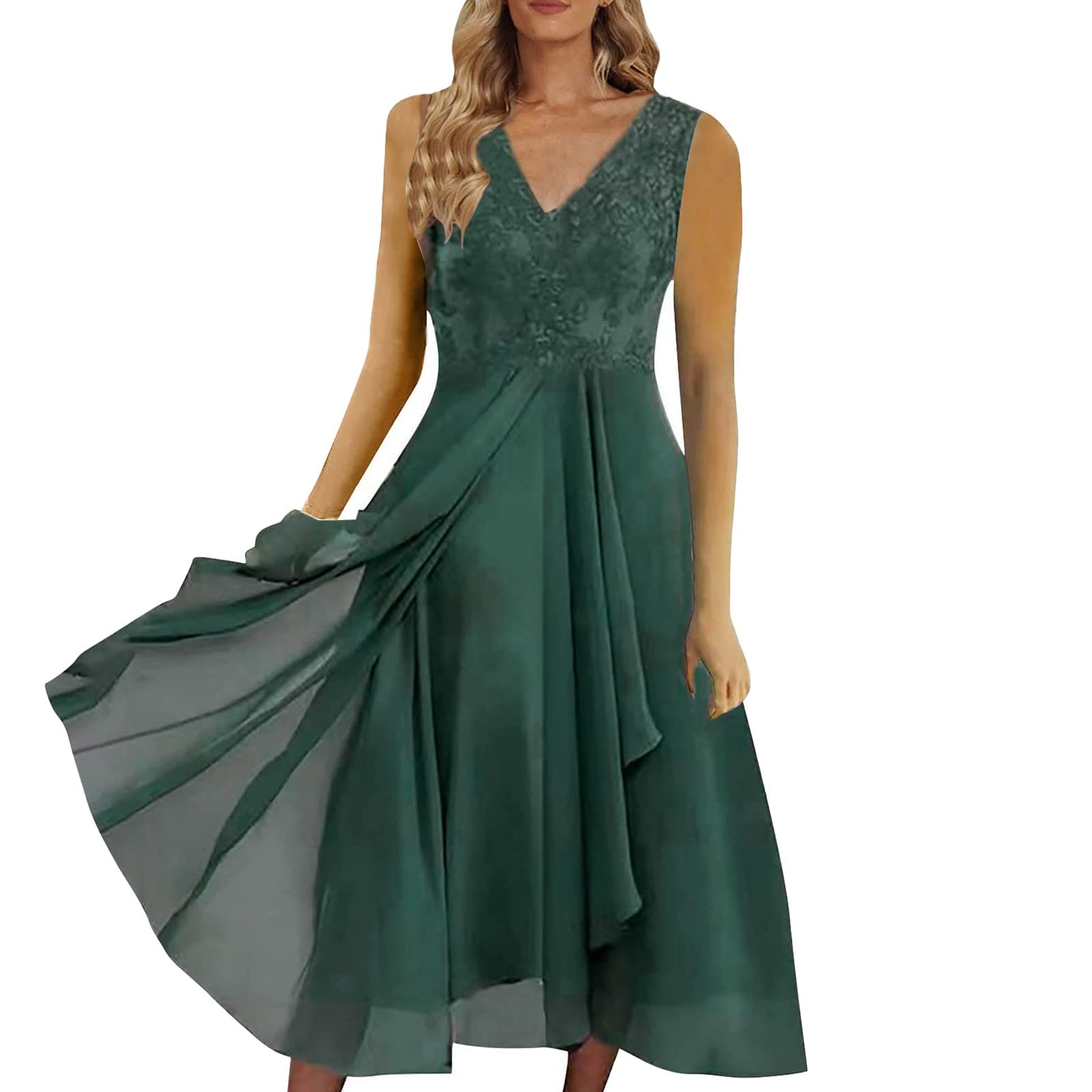 Mujeres Gasa V-cuello Empalme Encaje Hueco Mujer Vestido Largo Dama de honor Vestidos de Noche