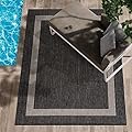 CAMILSON Outdoor Rug - Modern Area Rugs for Indoor and Outdoor patios, Kitchen and Hallway mats - Washable Outside Carpet (5x7, Bordered - Dark Grey/Light Grey)