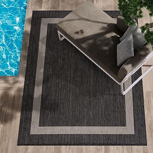 CAMILSON Outdoor Rug 6x9,Modern Outside Rugs for Patios Porches Waterproof Durable Washable Non-Shedding, Easy-to-Clean Indoor Outdoor Area Carpet (6 x 9, Bordered - Dark Gray/Light Gray)
