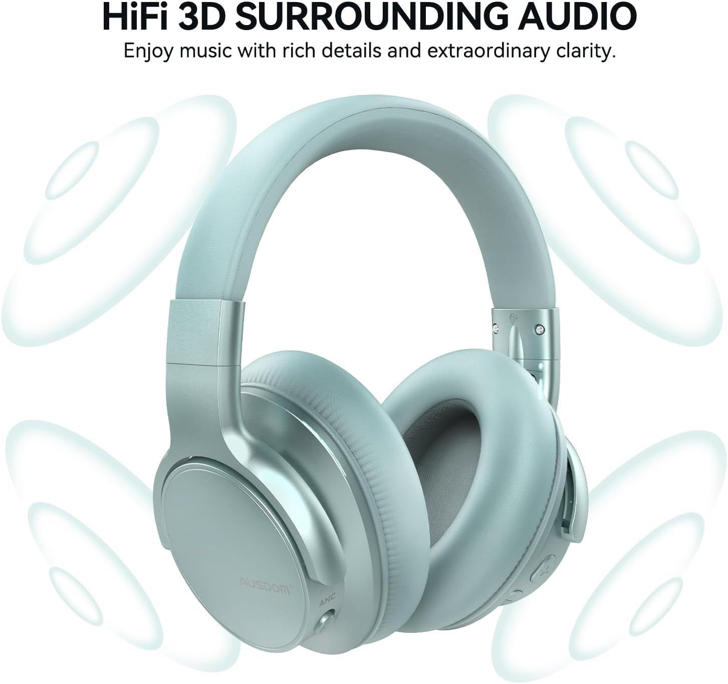 AUSDOM Wireless Noise Cancelling Headphones Bluetooth, E7 Over-Ear ANC Headphones with Microphone, 50Hrs Playtime, Hi-Fi Stereo Sound, USB C Charge, Comfortable Earpads for Travel Work, Mint Green
