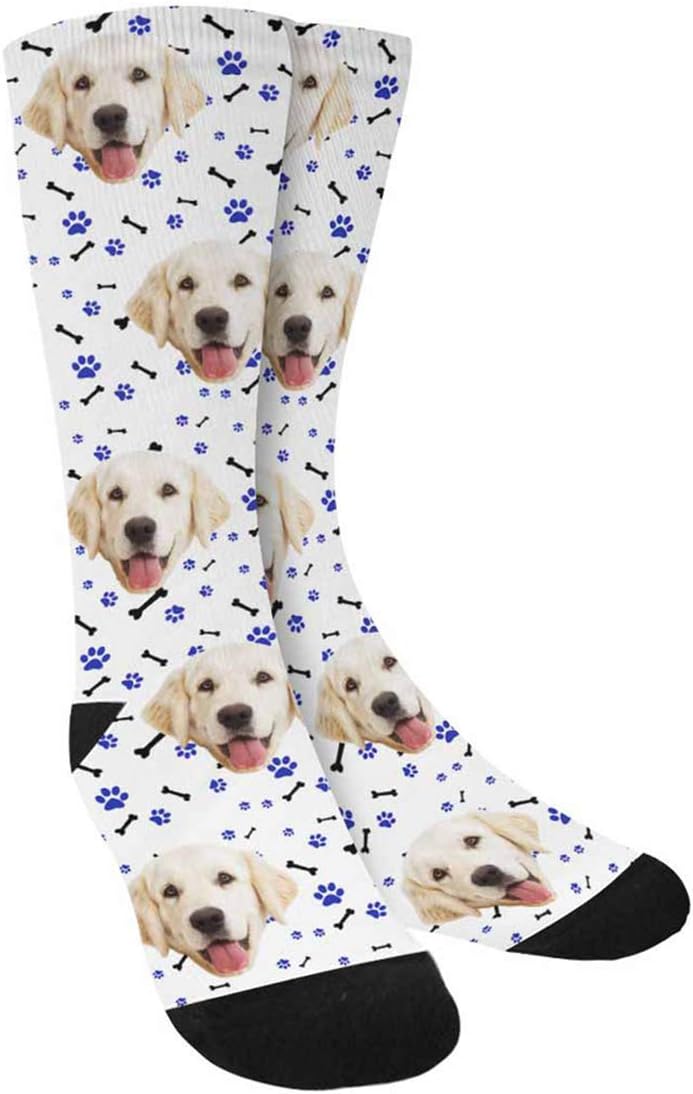 Custom Personalized Photo Pet Face Socks, Cat and Dog Tracks Paws Bones Crew Socks with Picture for Men Women