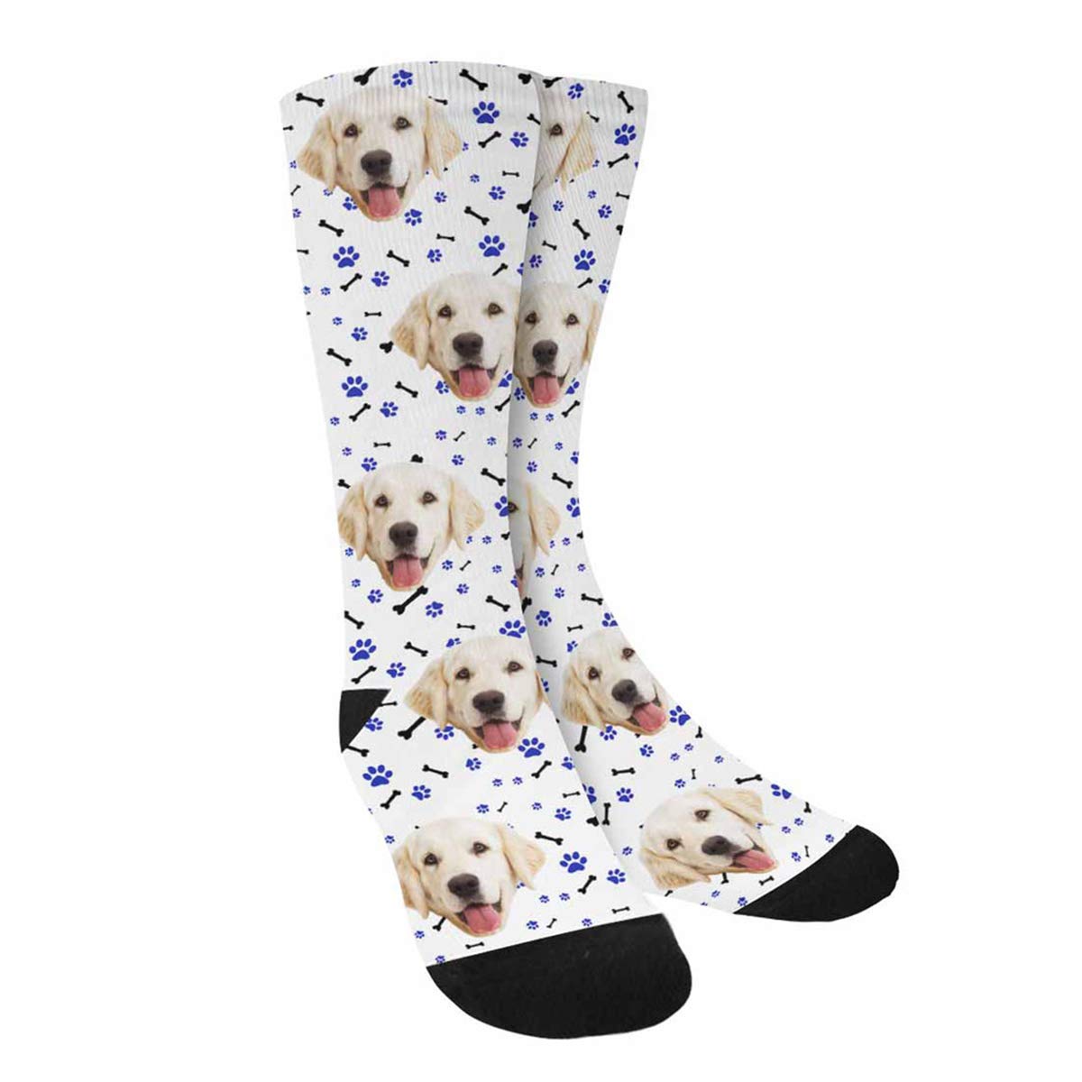 Custom Personalized Photo Pet Face Socks, Cat and Dog Tracks Paws Bones Crew Socks with Picture for Men Women