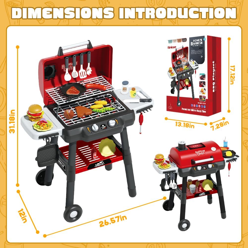 Kids Grill Playset, BBQ Toy Grill with Smoke Sound Light and Wheel, Movable Pretend Play Kitchen Toys Grills for Toddlers 3-5, 2-Layer Barbecue Play Food Christmas Birthday Gifts for Grandkids
