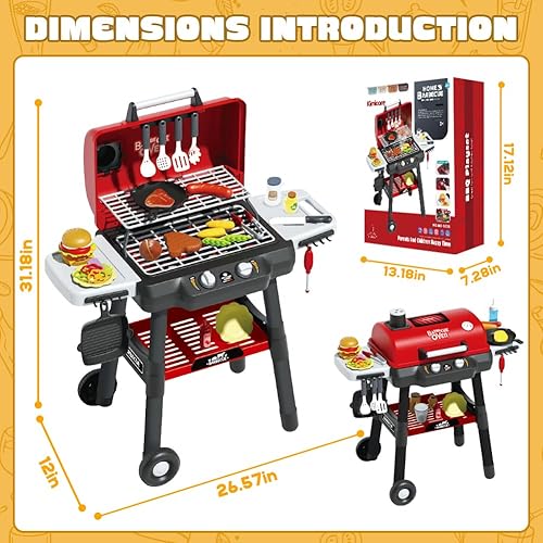 Miniatura 7 de Juego de parrilla de barbacoa para niños, juego de cocina con luz de sonido ahumado y rueda, parrillas de juguete movibles para niños de 4 a 8 años,