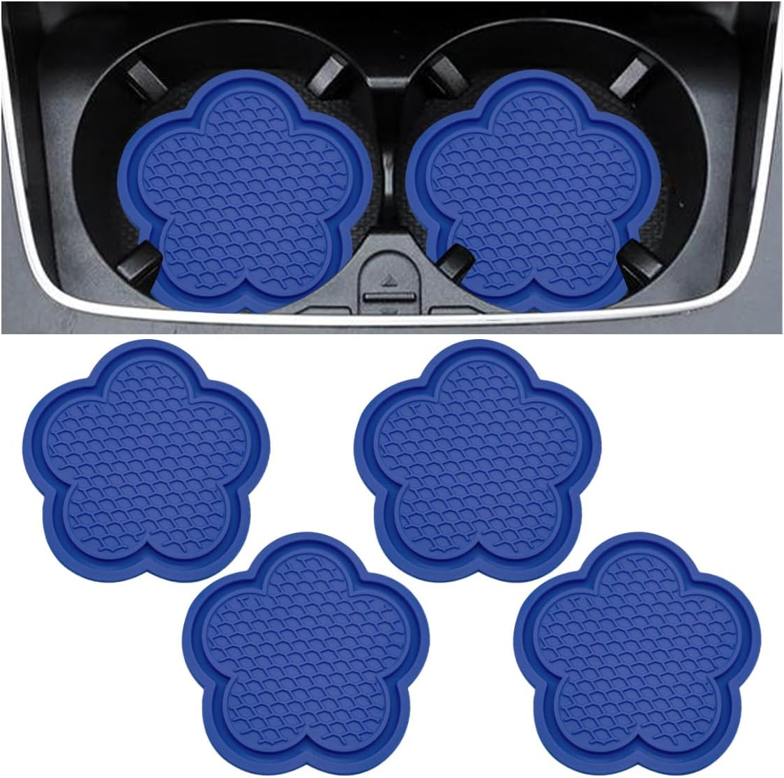 4PCS Car Cup Holder Coasters, Cute Flower Shaped Auto Cup Holder Insert Mat Decoration, Universal Anti-Slip Car Interior Beverage Coaster Accessories Sets for Women Men (Blue)