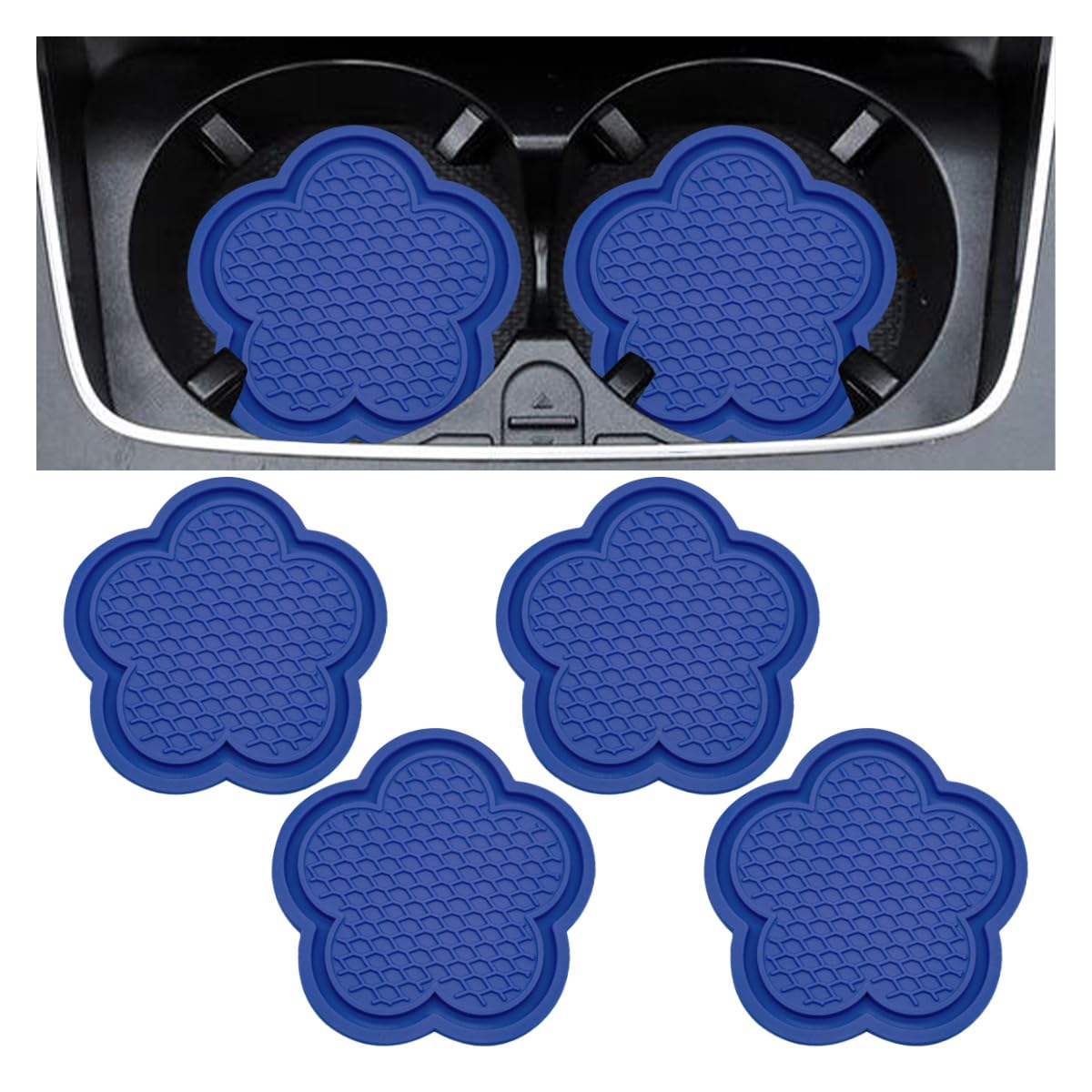 4PCS Car Cup Holder Coasters, Cute Flower Shaped Auto Cup Holder Insert Mat Decoration, Universal Anti-Slip Car Interior Beverage Coaster Accessories Sets for Women Men (Blue)