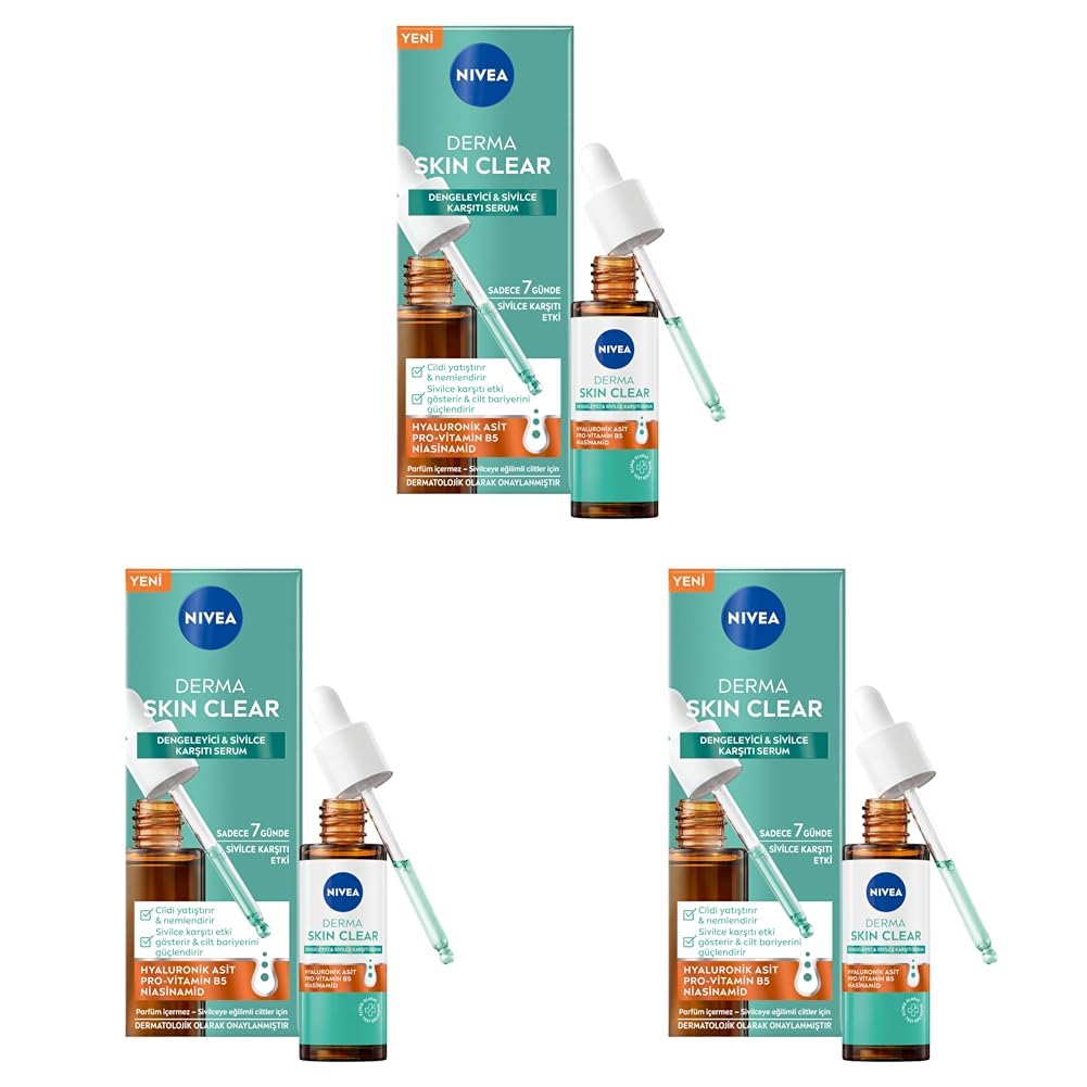 NIVEA Derma Skin Clear Dengeleyici ve Sivilce Karşıtı Serum 30ml, Cildi Yatıştırır, Komedojenik Değildir,Niasinamid, Hyaluronik Asit, Pro Vitamin B5,Yağlı,Karma Cilt (3 paketi)