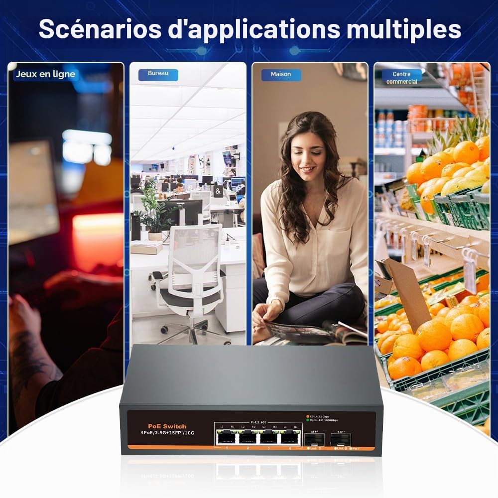 Commutateur PoE Non géré 2,5 GB/s avec 4 Ports 2.5G Base-T et 2 Ports Uplink 10G SFP, Compatible avec 100/1000/2500Mbps, Design sans Ventilateur, Commutateur réseau 2.5Gb en métal (6)