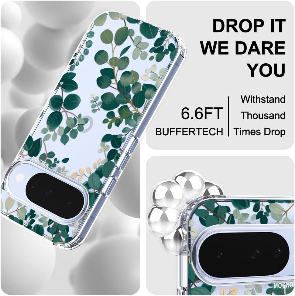 MOSNOVO Case for Google Pixel 10 & Pixel 10 Pro, [Buffertech 6.6ft Military-Grade Drop Protection] [Anti Peel Off Tech] Clear TPU Bumper Phone Case Cover Design - Eucalyptus