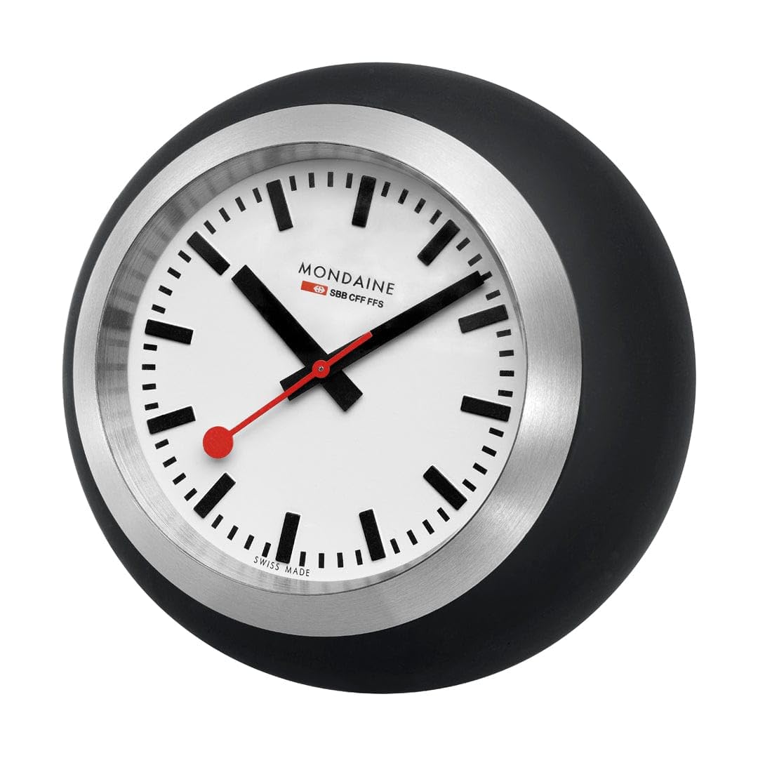 Mondaine Globe Clock - Iconic Swiss Railways Design for Desk & Office, 49.5mm Dial, Black Silicone Base, Swiss Quartz Movement, Timeless Bauhaus Aesthetic.