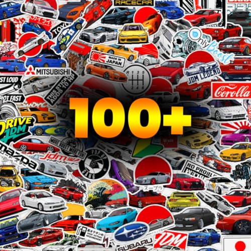 Image of 100+ Pcs JDM Cars Stickers for Laptop, Journal, Bike Helmet, Diary, Guitar, Mobile Case - Waterproof Residue Free Stickers - Racing Cars