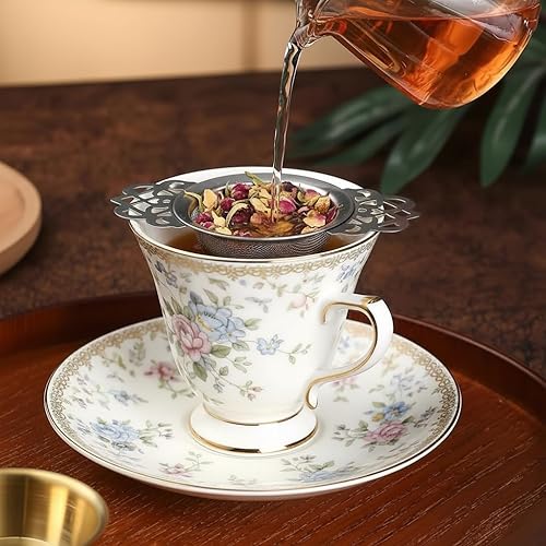 Miniatura 8 de Paquete de 6 filtros de té de malla, infusor de té de metal inoxidable, con mango y tazón de goteo para té suelto, plateado, 2.5 pulgadas