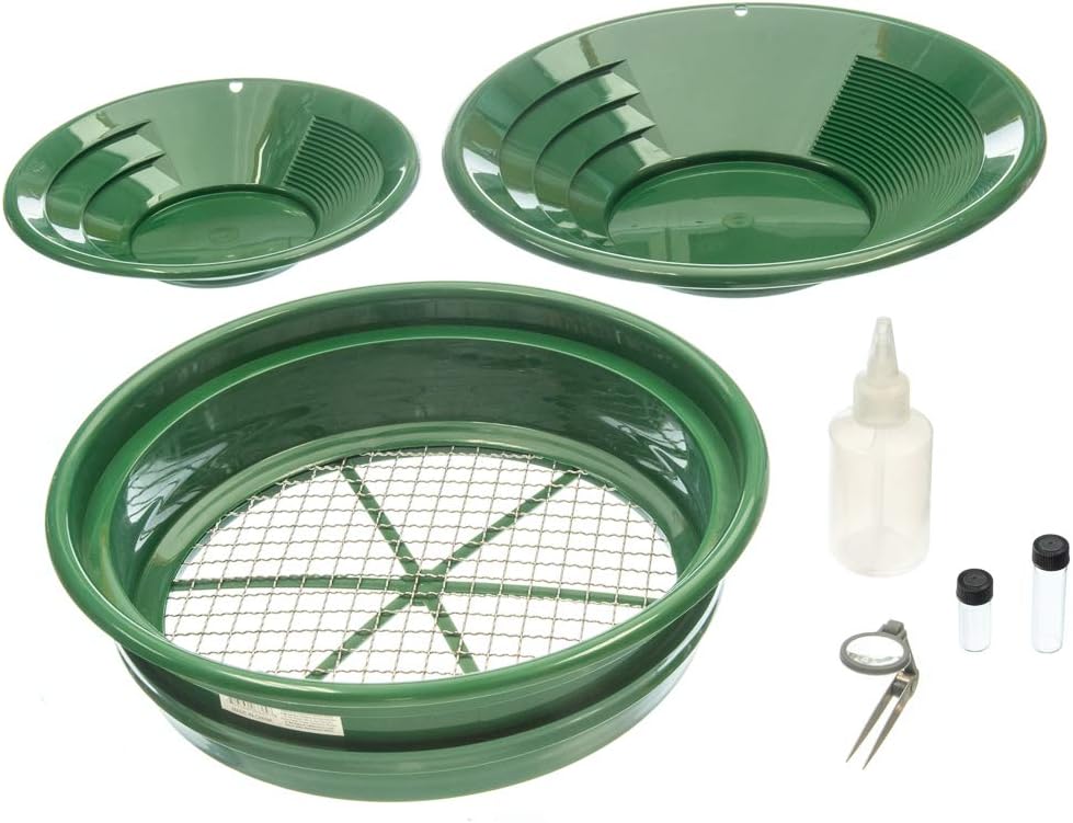 SE Gold Panning Mining Accessories Kit - Includes 10" 14" Gold Pans, 1/2" Sifting Screen, 2 Gold Vials, Snuffer Bottle, Tweezers, 7 Pieces