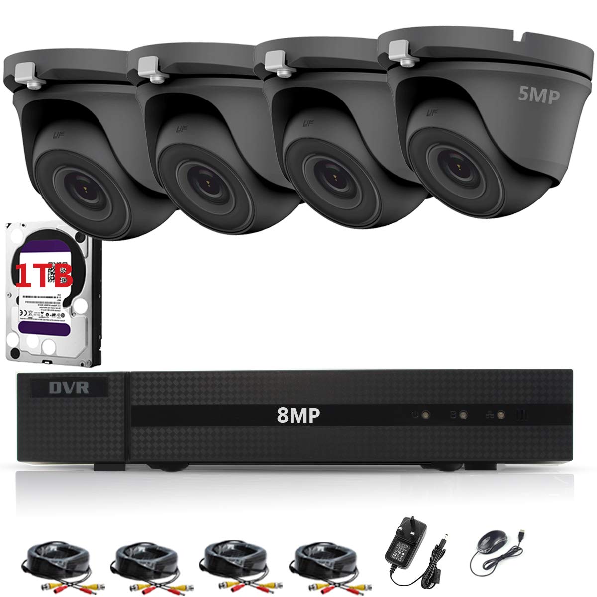 HiZone Pro8MP CCTV KIT SECURITY SYSTEM 4K DVR 8CH+&4X 5MP FULL HD METAL HOUSING WATERPROOF IN/OUTDOOR DOME CAMERAS 20M NIGHTVISION P2P MOTION DETECTION EMAIL ALERT REMOTE VIEW (1TB HDD PRE-INSTALLED)