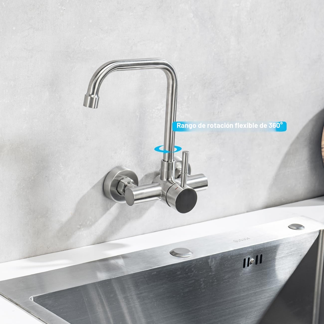 ONECE Grifo Cocina en la Pared 11 cm Distancia Entre Orificios de Montaje, Grifería a Muro Rotación de 360​°, Mezclador Monomando de Fregadero Acero Inoxidable 304, Aireador Extraíble